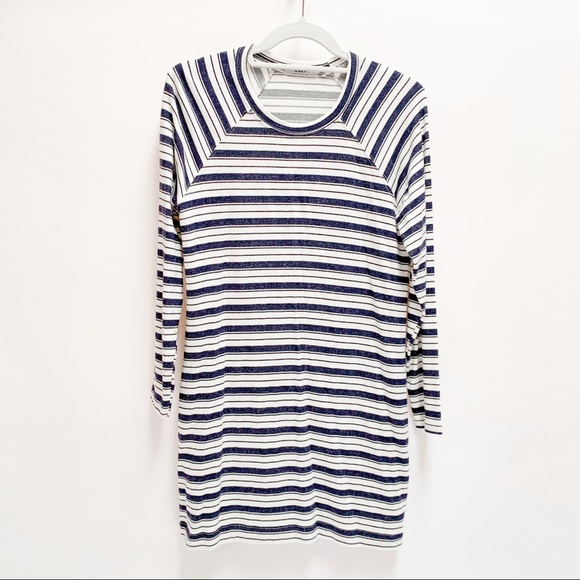 White Navy Blue Striped Long Sleeve Shift Dress - Picture 2 of 10